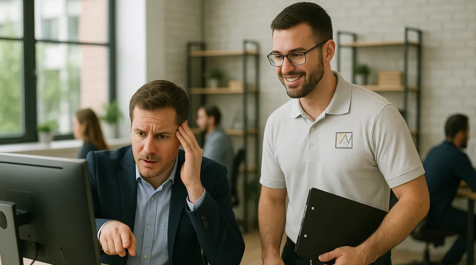 Two men in an office discussing a computer issue, showing expressions of concern and support.
